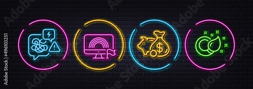 Lgbt, Piggy bank and Stress minimal line icons. Neon laser 3d lights. Paint brush icons. For web, application, printing. Rainbow flag, Dollar investment, Messy anxiety. Creativity. Vector