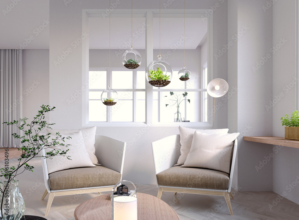 3d rendering,3d illustration, Interior Scene and Mockup,Two armchair living corners are upholstered in light brown fabric and white handcrafted weaving on the backrests. 3d rendering,3d illustration, Interior Scene and Mockup,Two armchair living corners are upholstered in light brown fabric and white handcrafted weaving on the backrests.