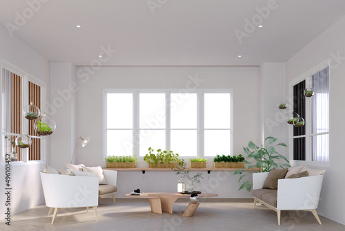 3d rendering,3d illustration, Interior Scene and Mockup,Natural living corner, sofa set and armchair, leaning wall, handcrafted white, natural color wooden center table.