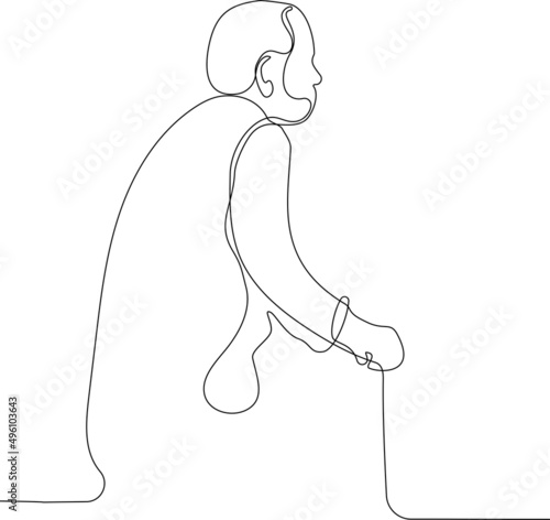 Continuous one line drawing of full length portrait of a senior man with a knee pain walking with a cane. Minimal outline concept. Vector illustration