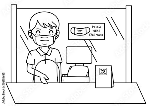 Reopening to new normal theme cartoon line art of cashier behind transparent protective wall; wearing face mask to prevent infection of virus and bacteria