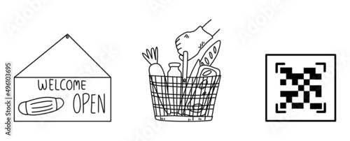 doodle line art cartoon set of new normal theme retail store things; qr code icon, hand with glove holding basket, open sign with face mask