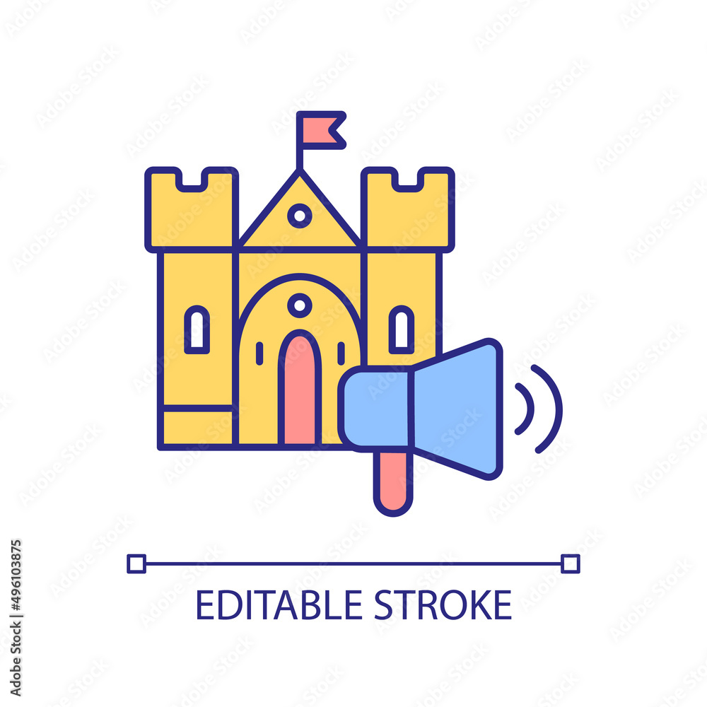 Awareness of architecture heritage RGB color icon. Pay attention to fortress. Tourist attraction promotion. Isolated vector illustration. Simple filled line drawing. Editable stroke. Arial font used