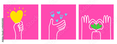 cute doodle hand drawn cartoon set hands holding heart in bright color.