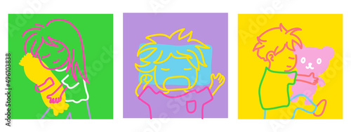 cute doodle hand drawn cartoon set of boy and girl sleep tight with pillow and teddy bear in bright color.