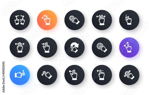Touchscreen gesture icons. Hand swipe, Slide gesture, Multitasking icons. Touchscreen technology, tap on screen, drag and drop. Classic set. Circle web buttons. Vector