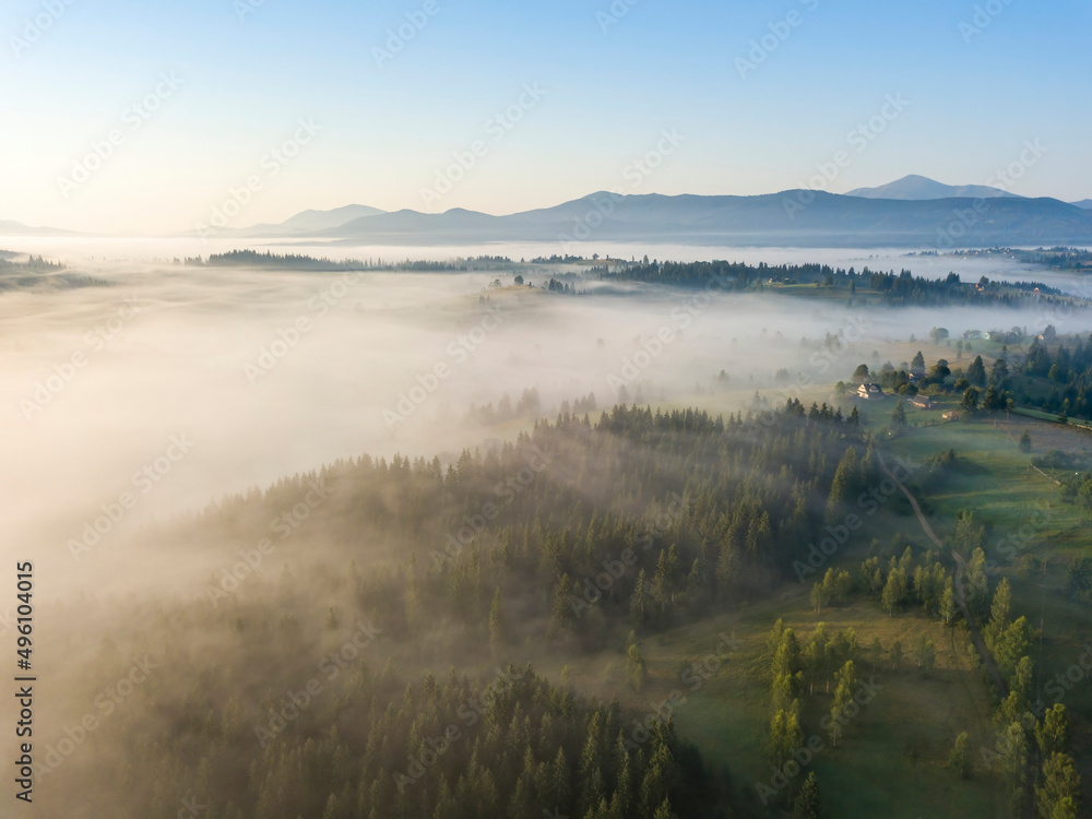 Morning mist in Ukrainian Carpathian mountains. Aerial drone view. Morning mist in Ukrainian Carpathian mountains. Aerial drone view.