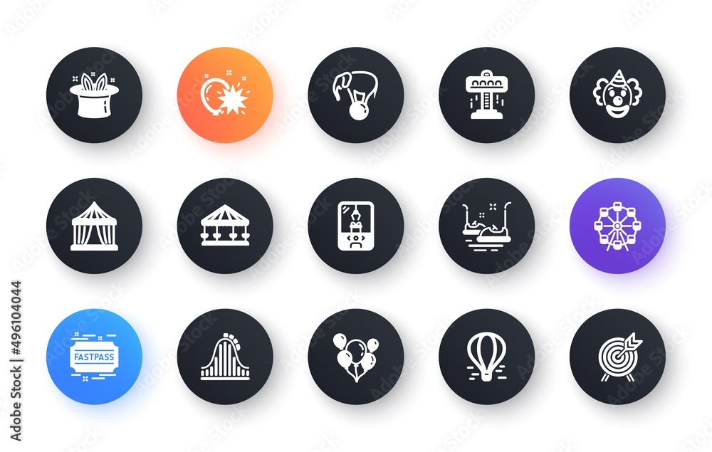Amusement park icons. Carousel, Roller coaster and Circus. Clown classic icon set. Circle web buttons. Vector Amusement park icons. Carousel, Roller coaster and Circus. Clown classic icon set. Circle web buttons. Vector