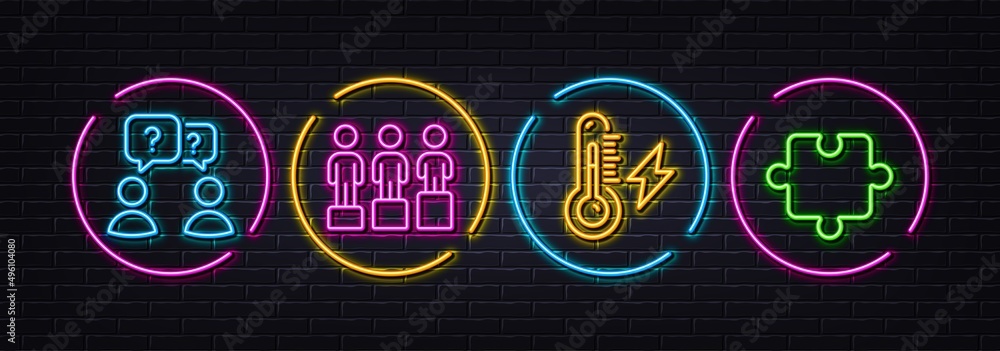 Teamwork questions, Electricity power and Equity minimal line icons. Neon laser 3d lights. Puzzle icons. For web, application, printing. Team help, Electric energy, Social equality. Vector