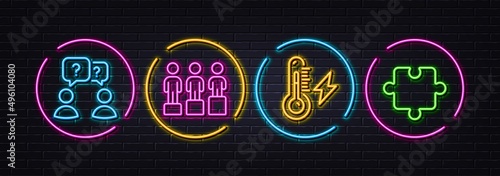 Teamwork questions, Electricity power and Equity minimal line icons. Neon laser 3d lights. Puzzle icons. For web, application, printing. Team help, Electric energy, Social equality. Vector