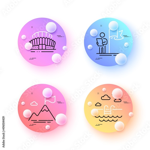 Mountain flag, Leadership and Swimming pool minimal line icons. 3d spheres or balls buttons. Sports stadium icons. For web, application, printing. Success challenge, Winner flag, Basin. Vector