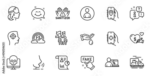 Outline set of Clean hands, Social care and Wash hands line icons for web application. Talk, information, delivery truck outline icon. Include Avatar, Insomnia, Recruitment icons. Vector © blankstock