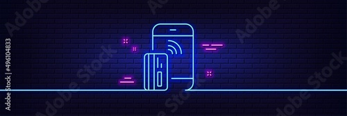 Neon light glow effect. Contactless payment card line icon. Phone money sign. Mobile device symbol. 3d line neon glow icon. Brick wall banner. Contactless payment outline. Vector