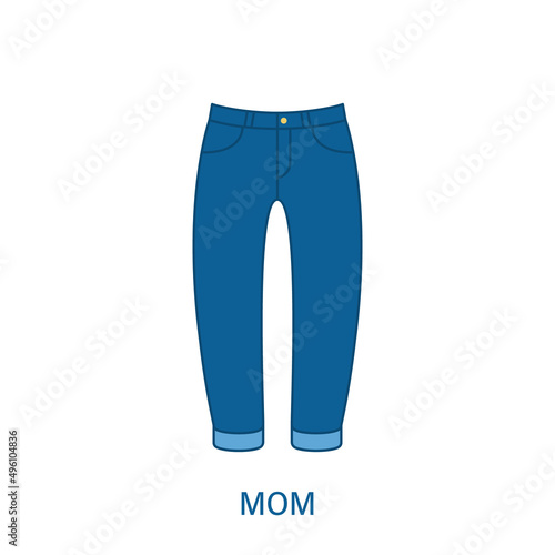 Woman Mom Fit Type Jeans Trousers Silhouette Icon. Modern Women Denim Clothing Style. Blue Fashion Casual Apparel. Beautiful Type of Female Pants. Mom Fit Pant. Isolated Vector Illustration