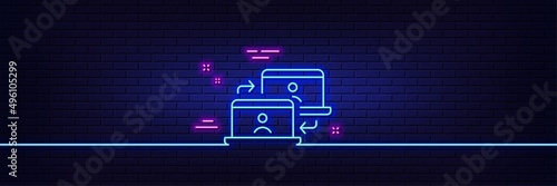 Neon light glow effect. Outsource work line icon. Job at home sign. Remote office employees symbol. 3d line neon glow icon. Brick wall banner. Outsource work outline. Vector