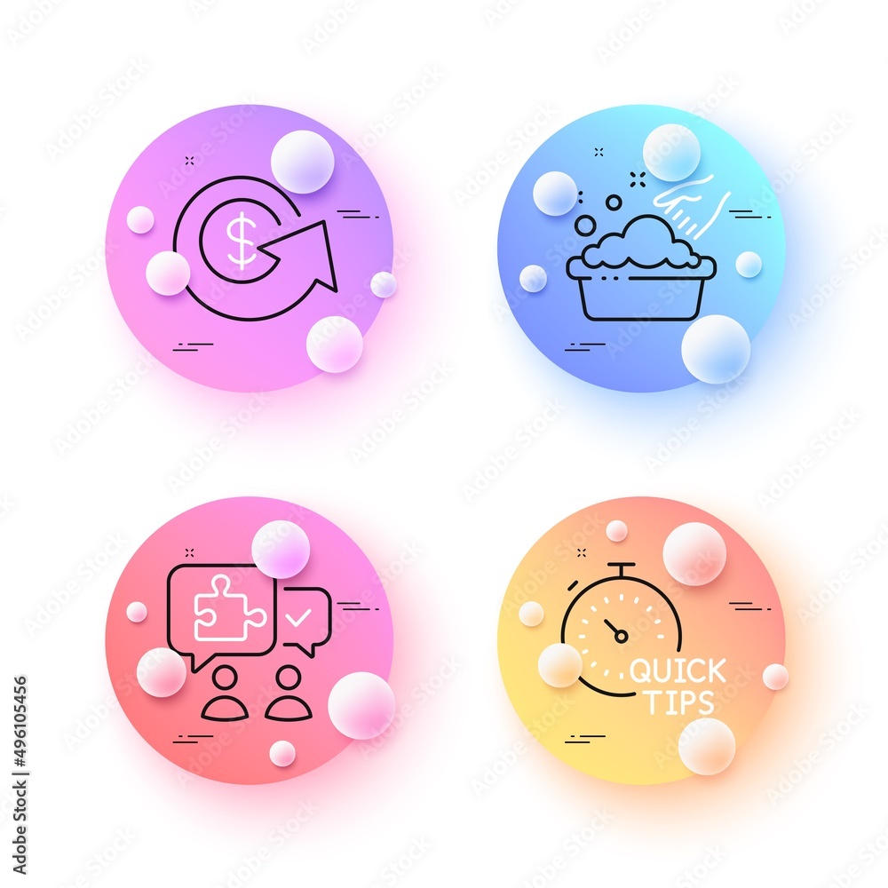 Puzzle, Hand washing and Quick tips minimal line icons. 3d spheres or balls buttons. Dollar exchange icons. For web, application, printing. Jigsaw chat, Laundry basin, Helpful tricks. Vector Puzzle, Hand washing and Quick tips minimal line icons. 3d spheres or balls buttons. Dollar exchange icons. For web, application, printing. Jigsaw chat, Laundry basin, Helpful tricks. Vector