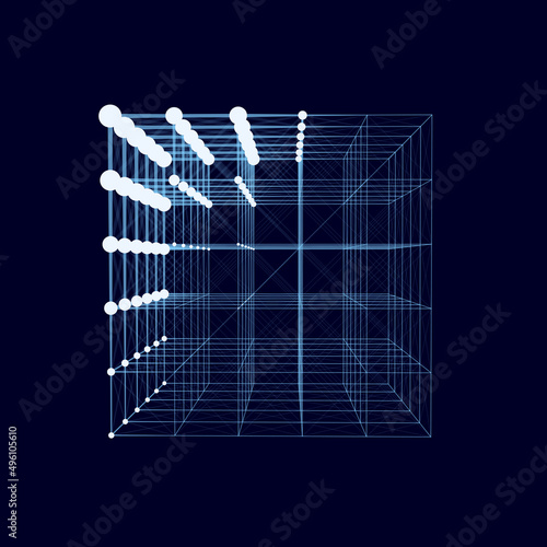 Abstract wireframe cube whith connection dots and lines. Digital blockchain concept and data transfer system. Storage cells of datas. Vector illustration.