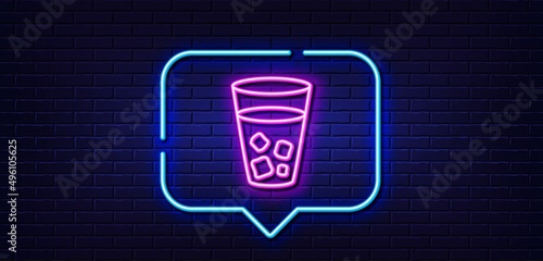 Neon light speech bubble. Ice tea line icon. Soda drink sign. Fresh cold beverage symbol. Neon light background. Ice tea glow line. Brick wall banner. Vector