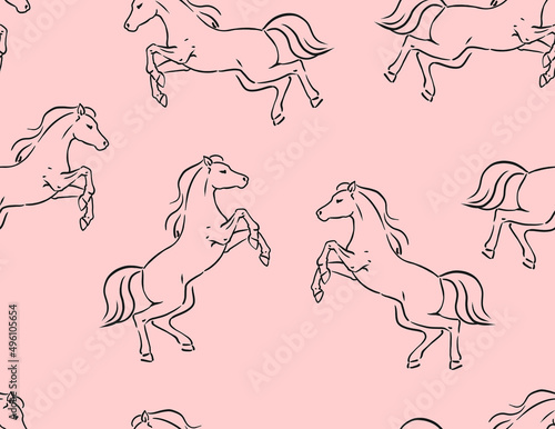 Digital linear textile fashion fabric tile silhouette seamless pattern with the image of an animal - a horse on a light pink background. © Arina