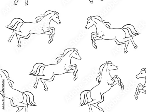Digital linear textile fashion fabric tile silhouette seamless pattern with the image of an animal - a horse on a white background © Arina