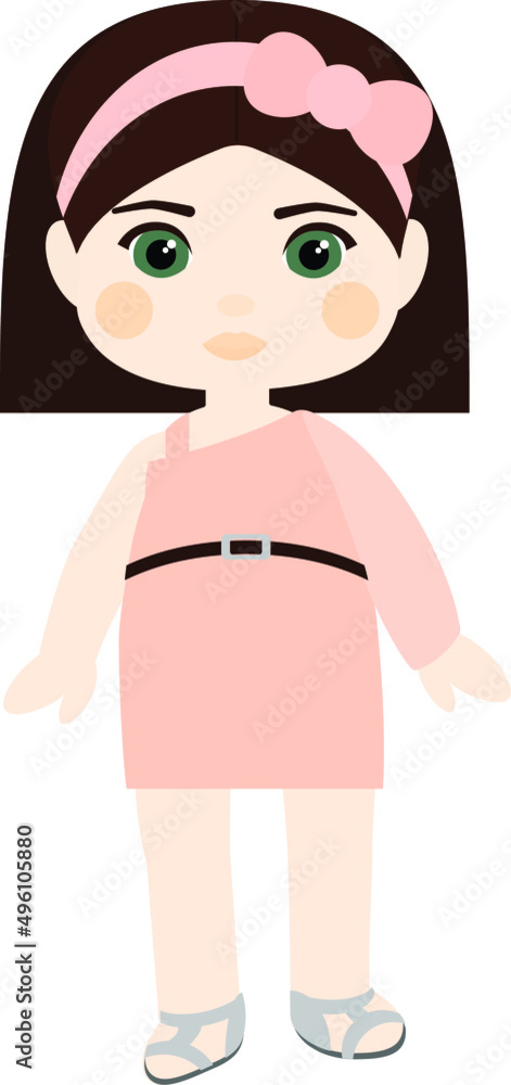 Vector character. Brunette girl with a caret in an elegant pink dress Vector character. Brunette girl with a caret in an elegant pink dress