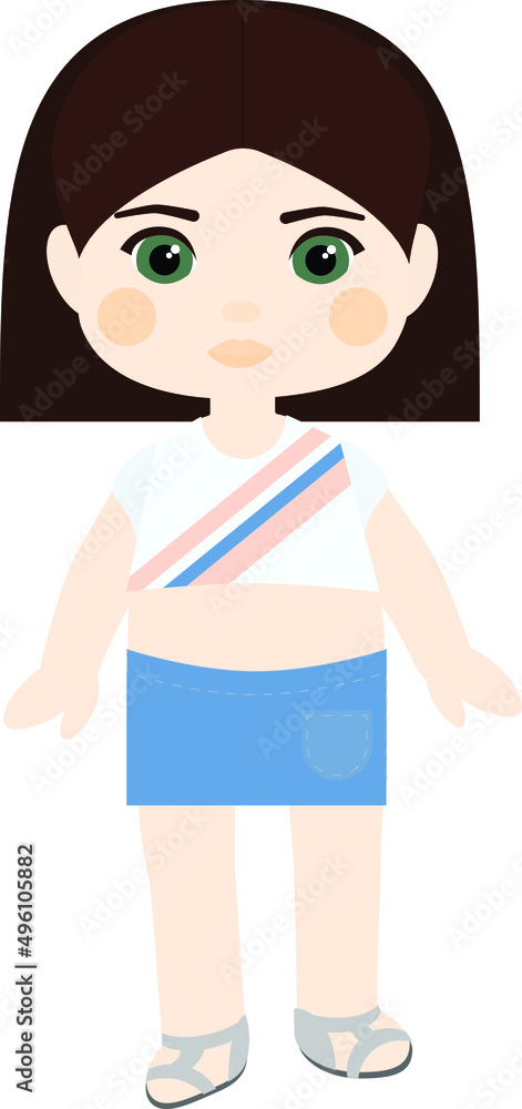 Vector character. Brunette girl with a square in a skirt and top Vector character. Brunette girl with a square in a skirt and top