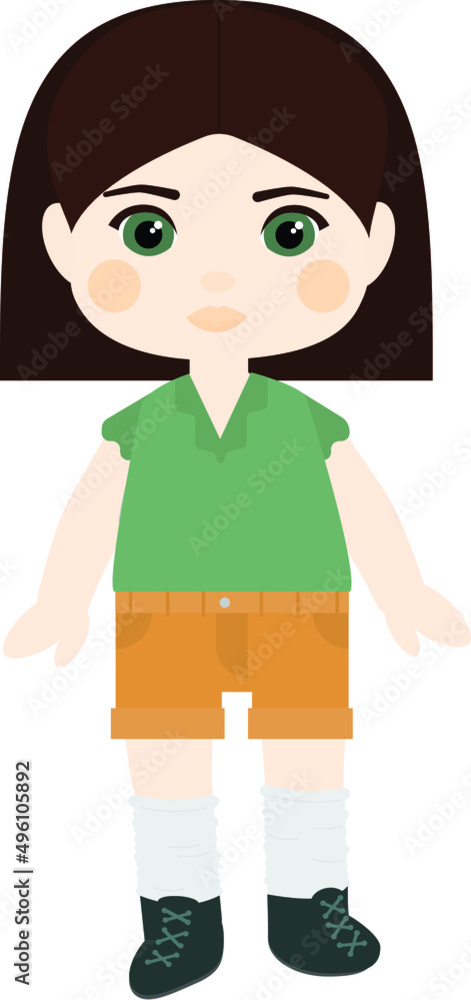 Vector character. Brunette girl with a square in a green blouse and shorts
