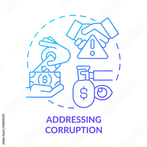 Addressing corruption blue gradient concept icon. Armed hostilities prevention solution abstract idea thin line illustration. Tackle tax crime. Isolated outline drawing. Myriad Pro-Bold font used