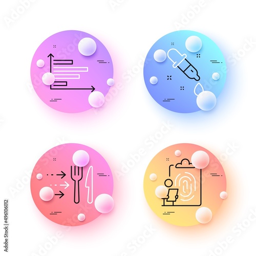 Fingerprint, Food delivery and Horizontal chart minimal line icons. 3d spheres or balls buttons. Chemistry pipette icons. For web, application, printing. Vector