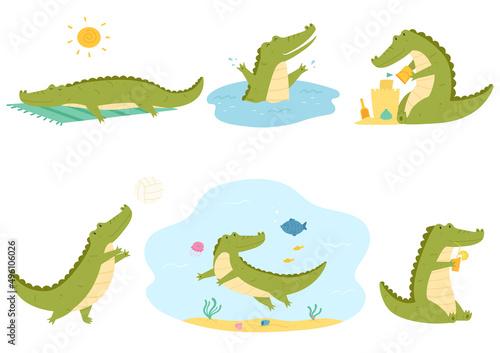 Set of crocodile spending time in summer. Sand castle building  playing ball  swimming  diving  sunbathing  drinking juice.