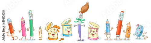 Set of school supplies for creativity. Funny paints, pencils, brush, paperclip and pencil sharpener. In cartoon style. Isolated on white background. Vector illustration.