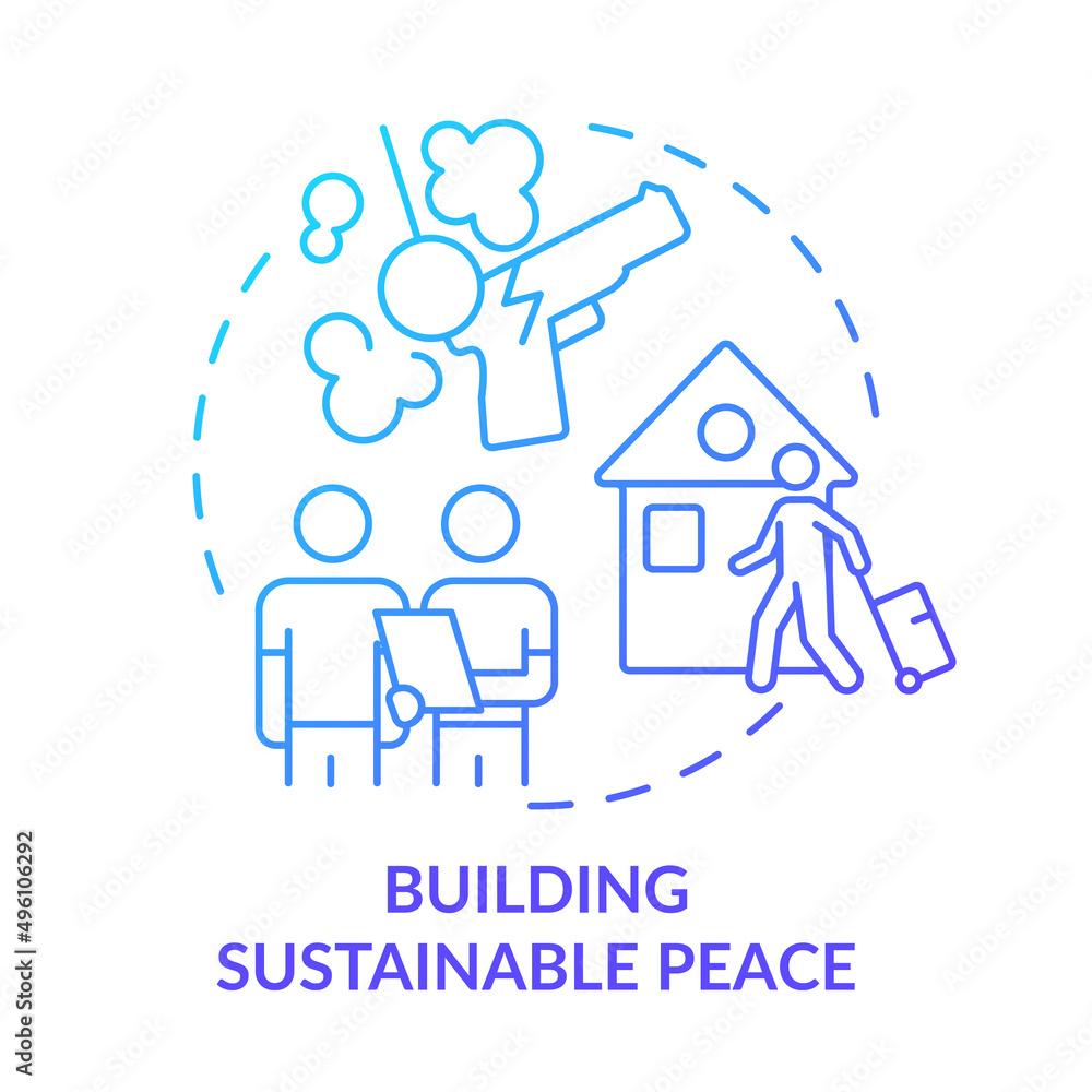 Building sustainable peace blue gradient concept icon. Post conflict recovery abstract idea thin line illustration. Violence prevention. Isolated outline drawing. Myriad Pro-Bold font used Building sustainable peace blue gradient concept icon. Post conflict recovery abstract idea thin line illustration. Violence prevention. Isolated outline drawing. Myriad Pro-Bold font used