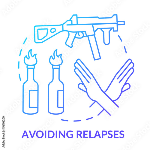 Avoiding relapses blue gradient concept icon. Post conflict stabilization abstract idea thin line illustration. Prevent violence. Ban on weapons. Isolated outline drawing. Myriad Pro-Bold font used
