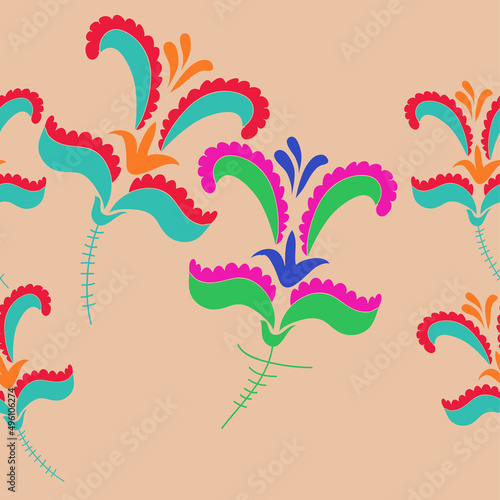 Horizontal stylized colored floral. Hand drawn.