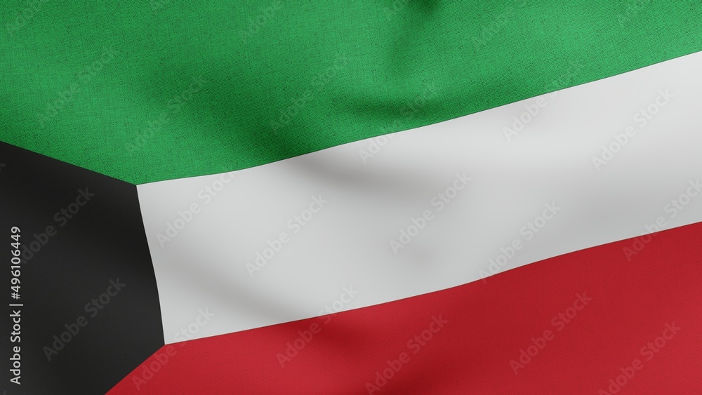 National flag of Kuwait waving 3D Render, Alam Baladii Derti used Pan-Arab colours, State of Kuwait flag textile