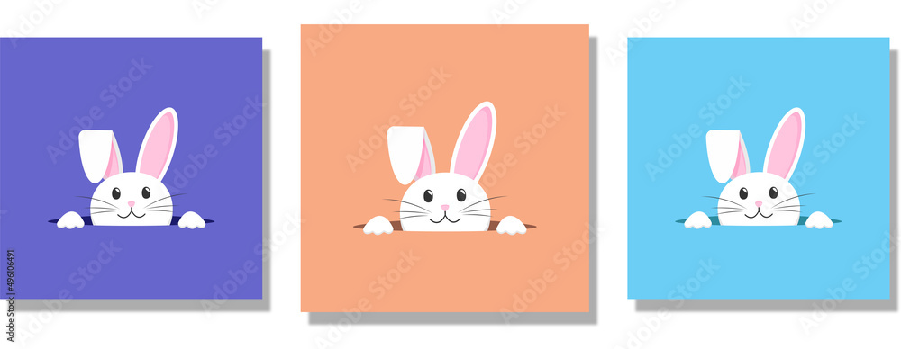 Cute vector bunny peeking out of a hole. Easter holiday. Set of pictures with different colors Cute vector bunny peeking out of a hole. Easter holiday. Set of pictures with different colors