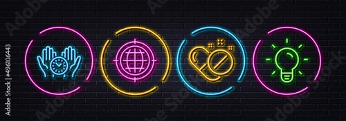 Safe time, Seo internet and Medical pills minimal line icons. Neon laser 3d lights. Light bulb icons. For web, application, printing. Management, Globe, Drugs. Lamp energy. Neon lights buttons. Vector