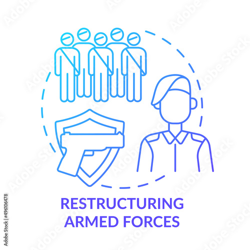 Restructuring armed forces blue gradient concept icon. Rebuilding nation from war abstract idea thin line illustration. Soldier training. Isolated outline drawing. Myriad Pro-Bold font used photo