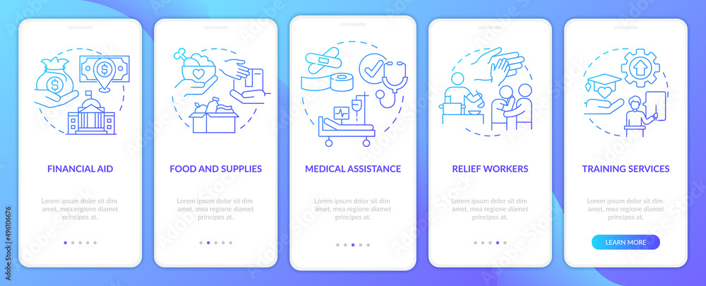 Government assistance types blue gradient onboarding mobile app screen. Walkthrough 5 steps graphic instructions pages with linear concepts. UI, UX, GUI template. Myriad Pro-Bold, Regular fonts used