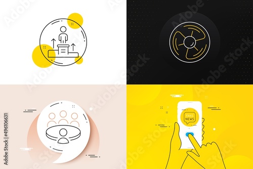 Minimal set of Fake news, Business podium and Meeting line icons. Phone screen, Quote banners. Air fan icons. For web development. Wrong fact, Nomination, Human resource. Ventilation turbine. Vector