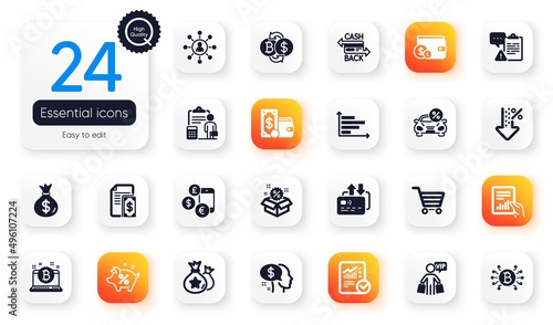 Set of Finance flat icons. Sale, Currency rate and Bitcoin system elements for web application. Market sale, Bitcoin, Checked calculation icons. Card, Cashback card, Car leasing elements. Vector