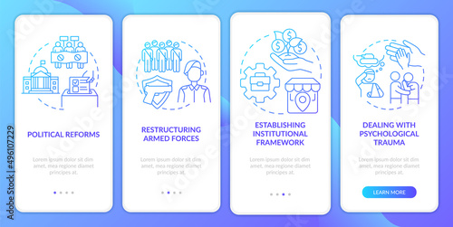 War-torn nation restoration blue gradient onboarding mobile app screen. Walkthrough 4 steps graphic instructions pages with linear concepts. UI, UX, GUI template. Myriad Pro-Bold, Regular fonts used