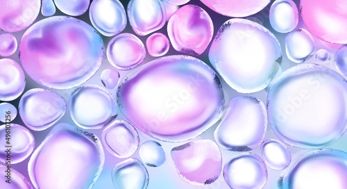 Pearl drops of serum for the face similar to pearls. A beautiful cosmetic product.3d rendering of oil and water droplets, shimmers, glitters. Trending 2022 purple color