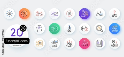 Human Resources, head hunting line icons. Bicolor outline web elements. Business networking contract, Job Interview and Head Hunting contract icons. CV, Teamwork and Portfolio symbols. Vector
