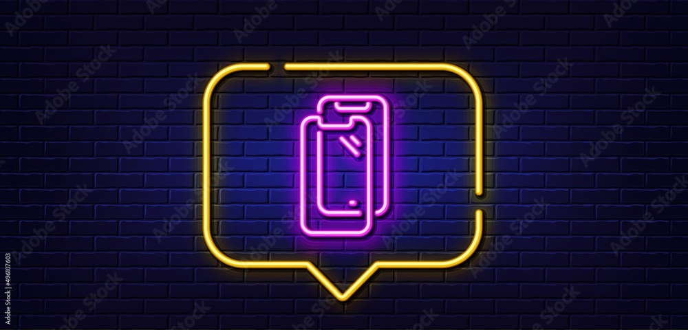 Neon light speech bubble. Smartphone glass line icon. Phone protection sign. Mobile device symbol. Neon light background. Smartphone glass glow line. Brick wall banner. Vector Neon light speech bubble. Smartphone glass line icon. Phone protection sign. Mobile device symbol. Neon light background. Smartphone glass glow line. Brick wall banner. Vector