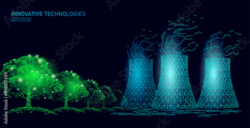 Nuclear power station cooling tower low poly. 3d render ecology pollution save planet environment concept triangle polygonal. Radioactive nuclear reactor electricity vector illustration