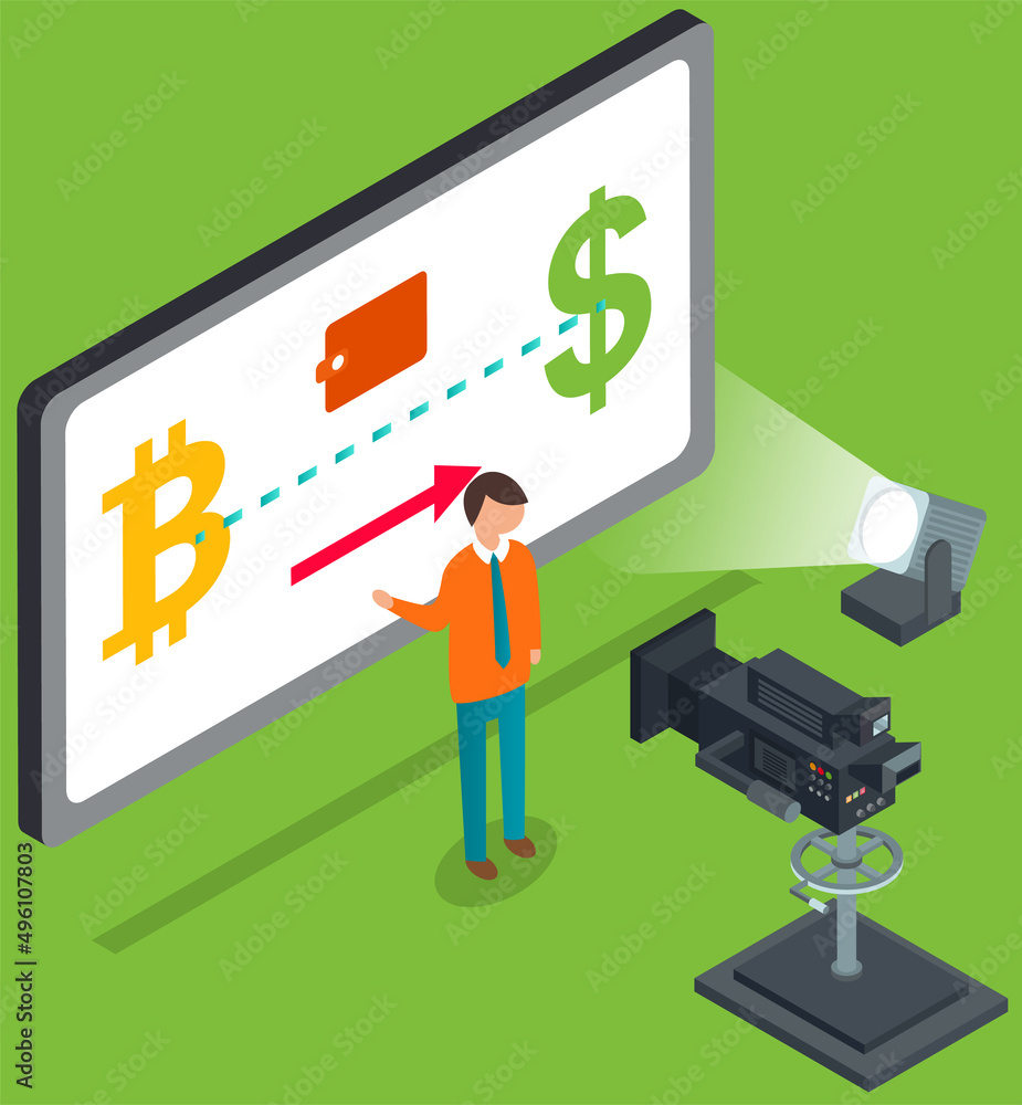 Presentation of research result, techno blog filming. Man presenter talking about cryptocurrency mining while recording video. Shooting presentation on converting bitcoin to cash income with camera Presentation of research result, techno blog filming. Man presenter talking about cryptocurrency mining while recording video. Shooting presentation on converting bitcoin to cash income with camera