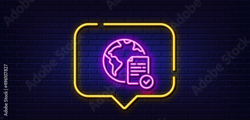 Neon light speech bubble. Online voting line icon. Internet vote sign. Web election symbol. Neon light background. Online voting glow line. Brick wall banner. Vector
