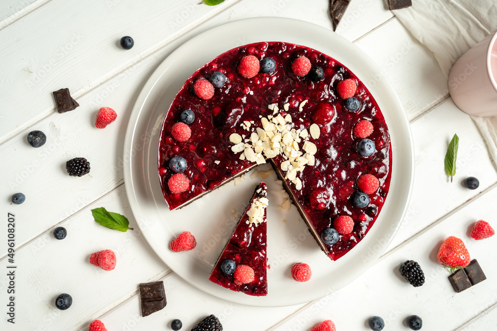 sliced fresh fruit cake sugar sweet chocolate garnish mint