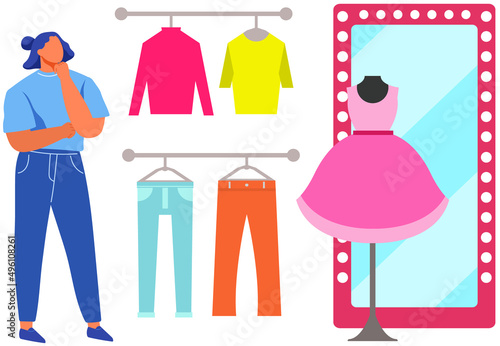 Woman choose cloth hanging on hangers. Girl shopper going to try on pink dress. Shopping lady in clothing store mall, buyer in shop. Person looks at clothes, chooses clothing products in store